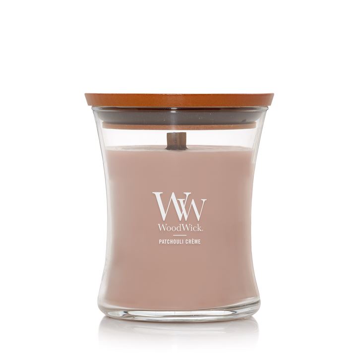 Bougie parfumée WoodWick - Medium Hourglass - Patchouli Crème