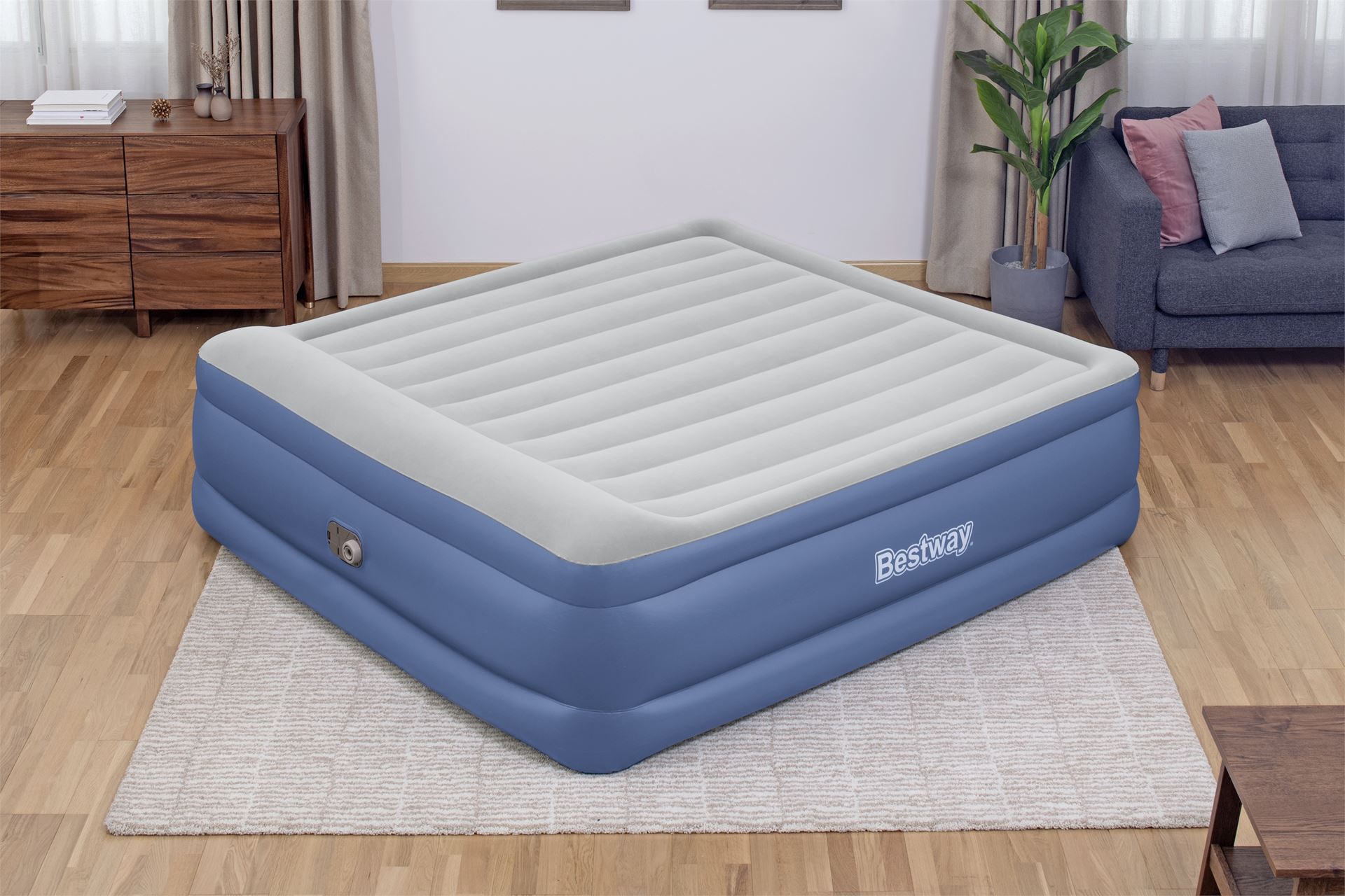 Bestway airbed 'Tritech King' - 203x193x56 cm - with side, built-in pump, deflating valve and pillow - blue/gray Bestway-2-03m-x-1-93m-x-56cm-Tritech-Air-Mattress-King-Built-in-AC-Pump
