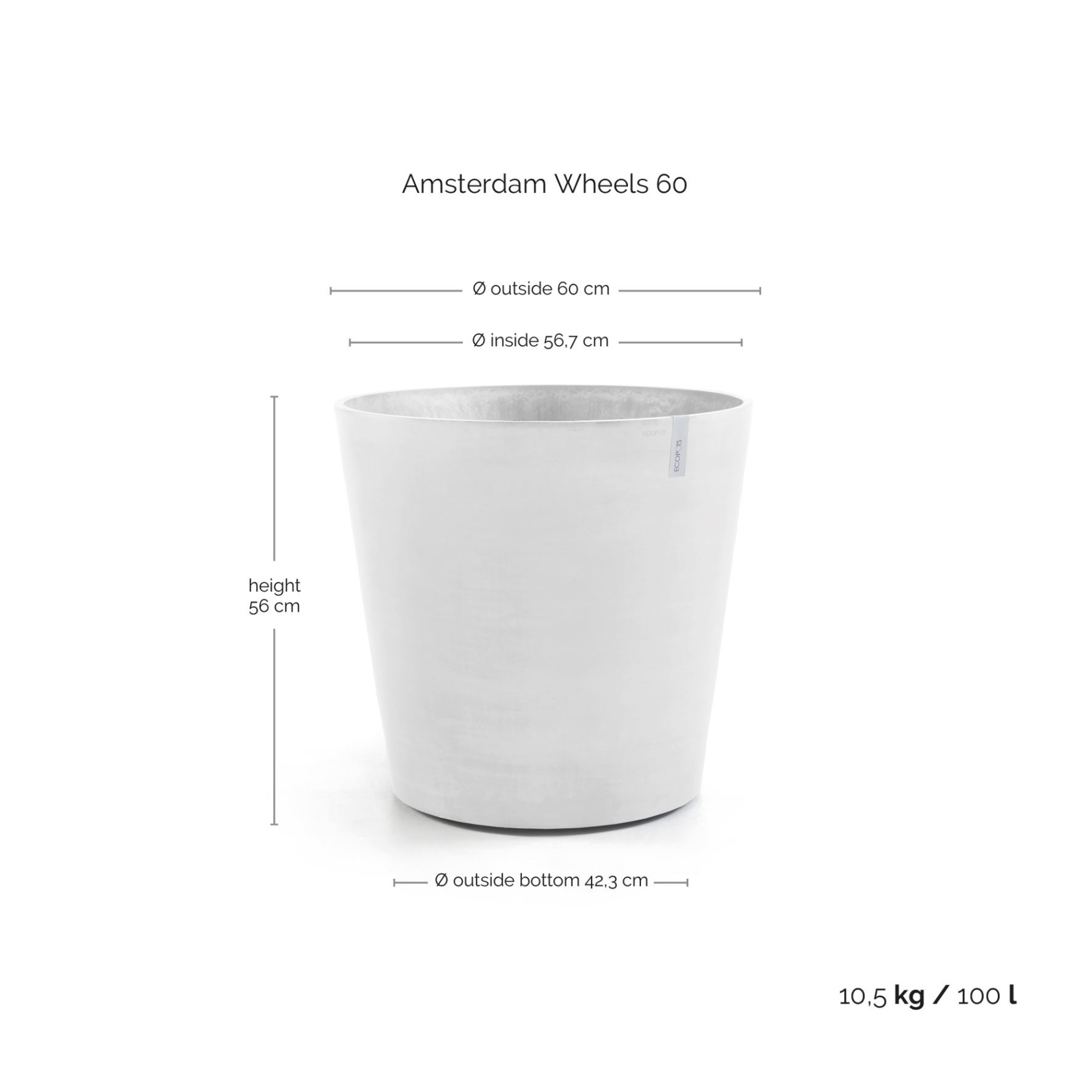 ecopots bloempot Amsterdam Wheels 60- Rond - Pure White - Diameter 60 x H56 cm