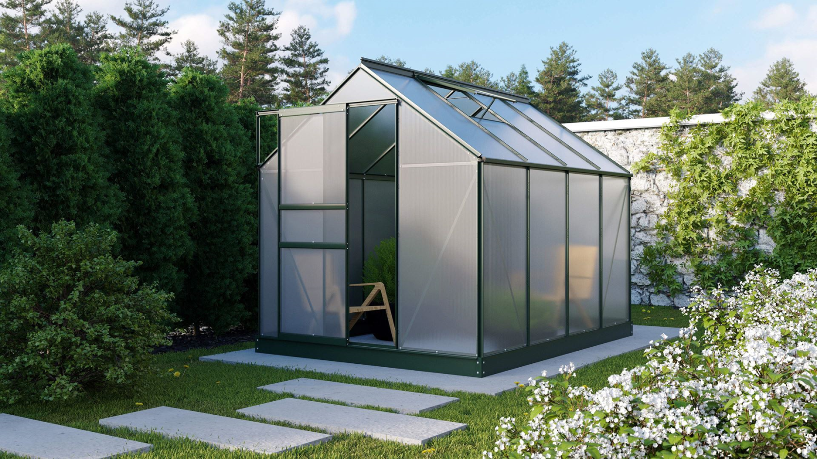 Serre Vitavia Planet 5m² avec polycarbonate 6 mm - Vert foncé - Avec porte coulissante simple (B61 cm) et fondation