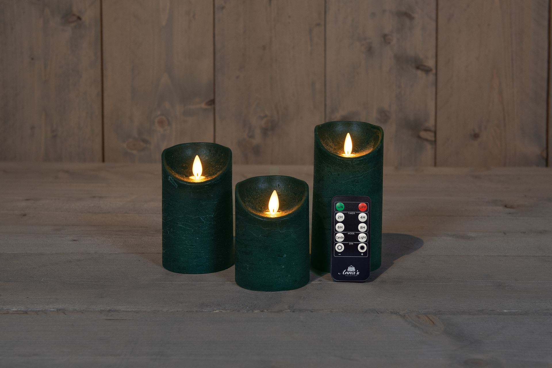 B-O-3ST-KAARS-ANTIEK-GROEN-WAX-RUSTIEK-BEWEGENDE-VLAM-7-5X10-12-5-15CM-3X3AAA-INCL-AFSTANDSBEDIE