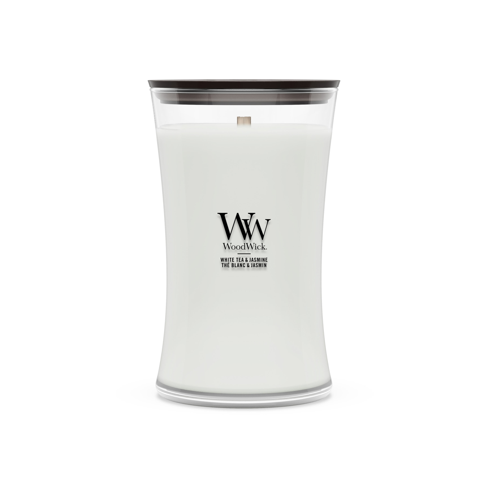 Bougie parfumée Woodwick - Grand sablier - Thé blanc & Jasmin