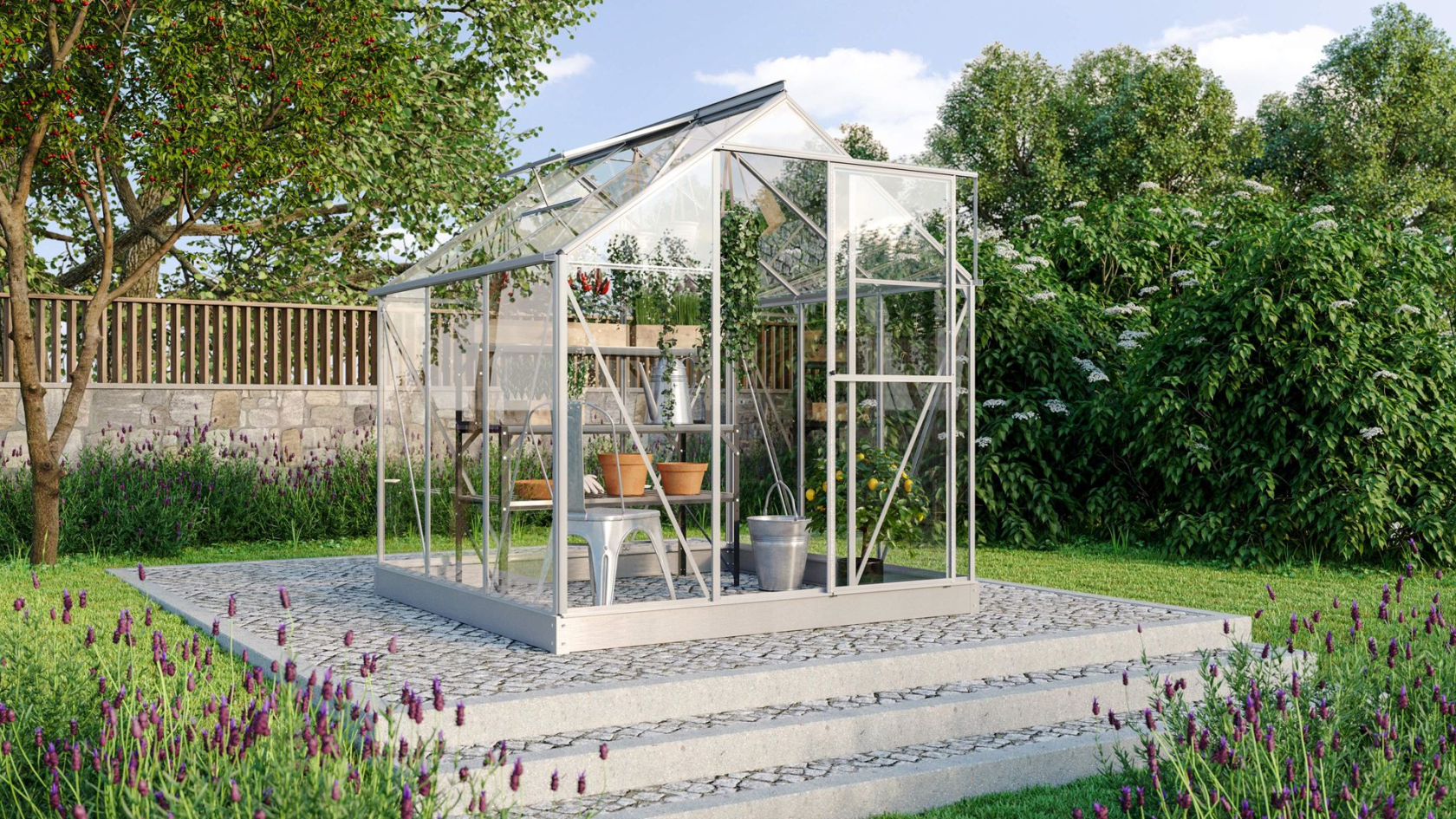 Jardin d'hiver Vitavia Triton 3,8m² avec verre de sécurité - Aluminium - Avec porte flexible (peut être configurée comme une porte à la française ou une porte coulissante) et fondation
