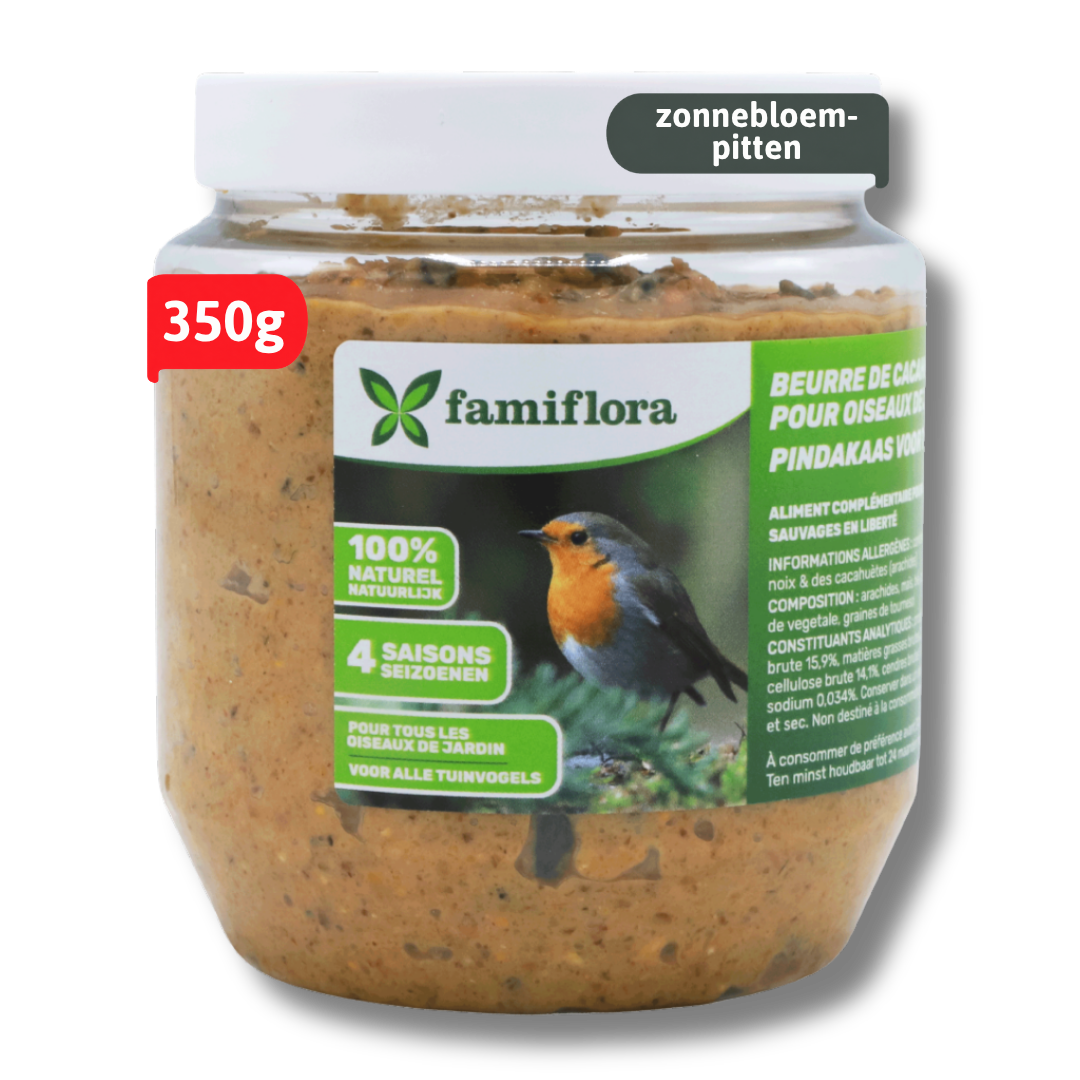 Beurre de cacahuètes Famiflora pour les oiseaux du jardin, aux graines de tournesol - 350 g - Beurre de cacahuètes pour oiseaux