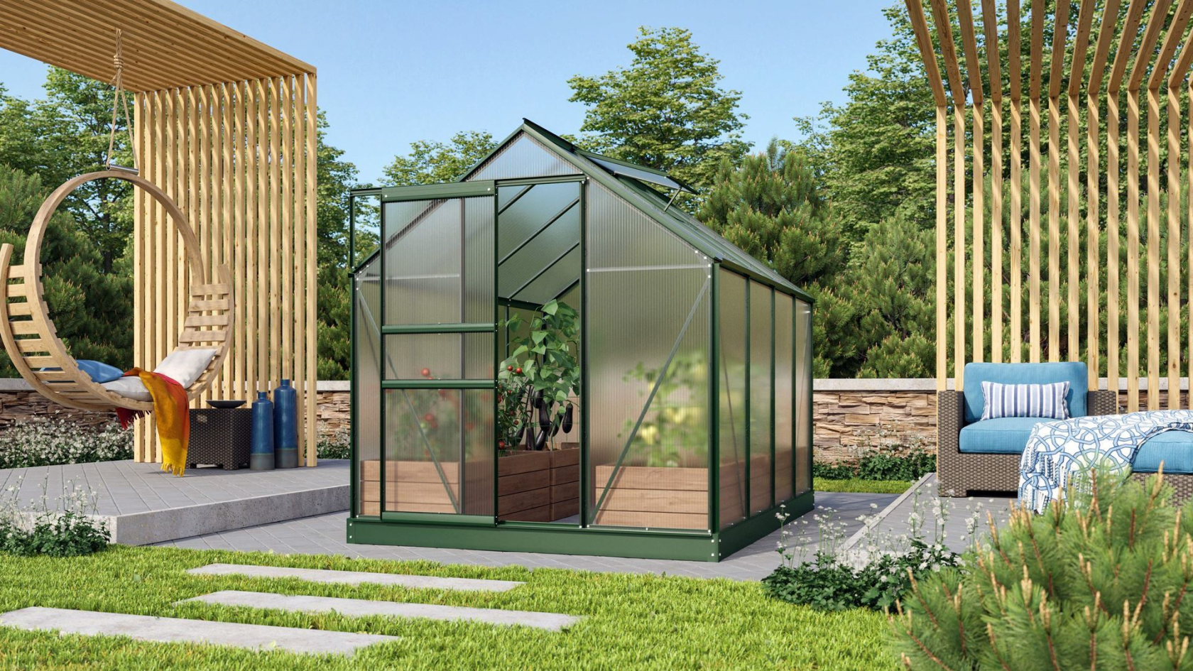 Serre Vitavia Venus 5m² en polycarbonate 6mm - Vert foncé - Avec porte coulissante simple (B61 cm) et fondation