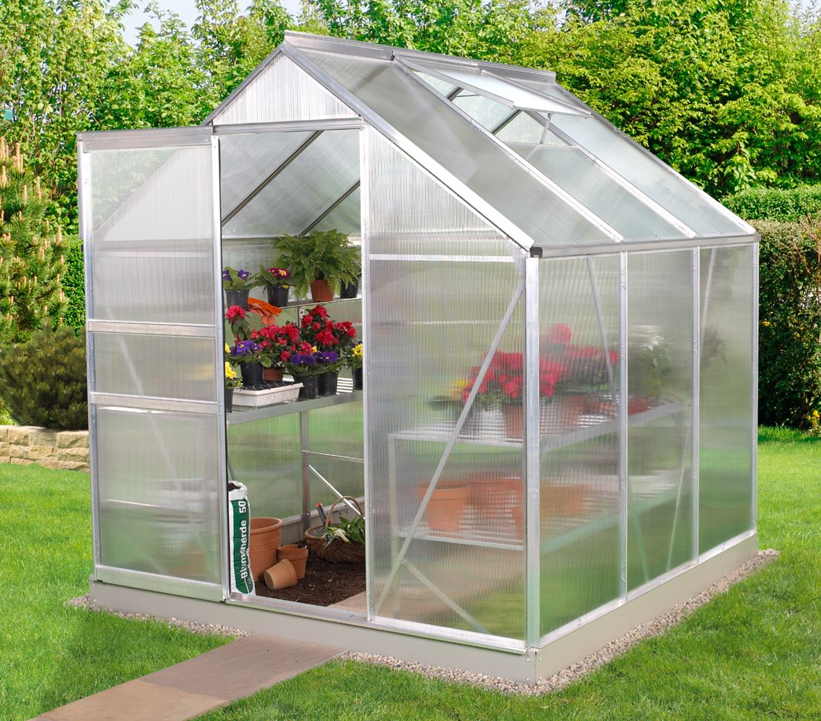 Serre Vitavia Venus 3,8m² avec polycarbonate 4mm - Aluminium - Avec porte coulissante simple (B61 cm) et fondation