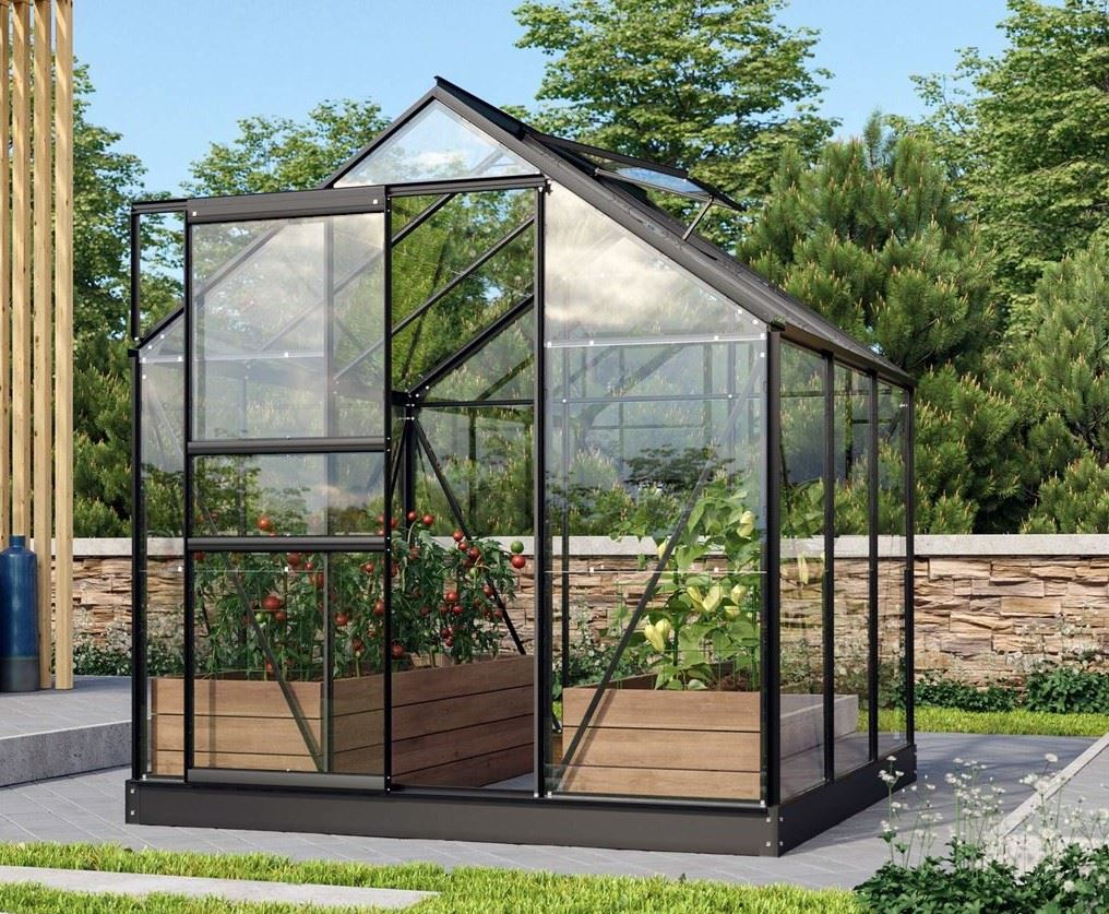 Serre Vitavia Venus 3.8m² avec verre de sécurité - Noir - Avec porte coulissante simple (B61 cm) et fondation