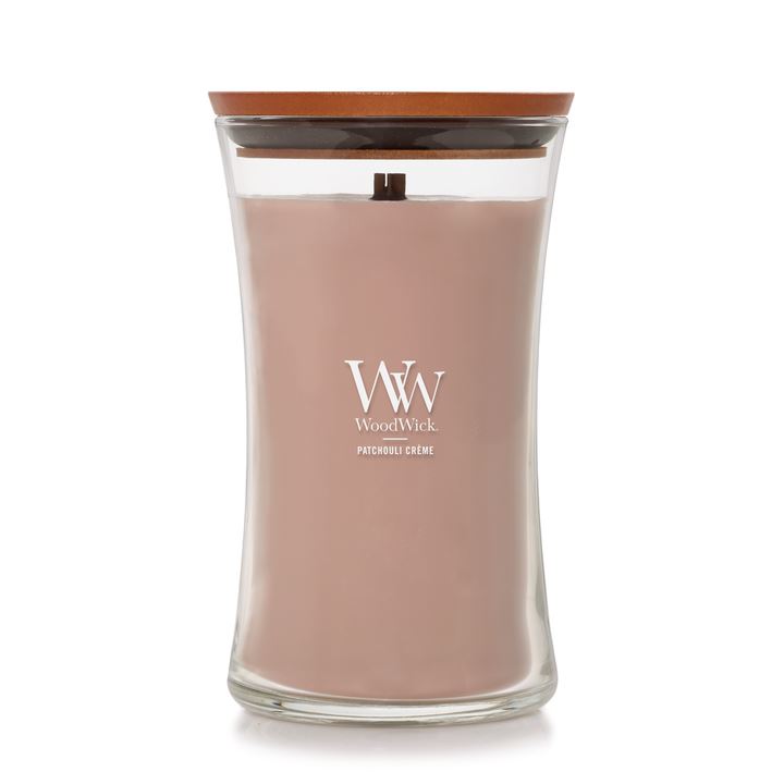 Bougie parfumée WoodWick - Large Hourglass - Patchouli Crème