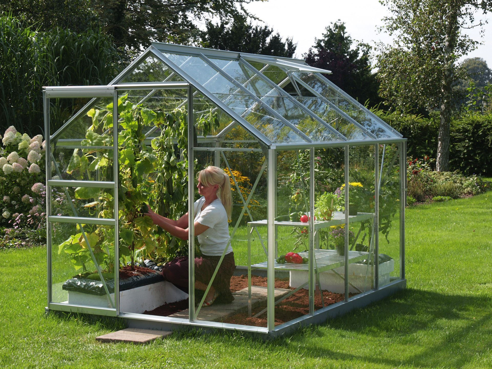 Vitavia Venus greenhouse 5m² with safety glass - Aluminum - With single sliding door (B61 cm) and foundation