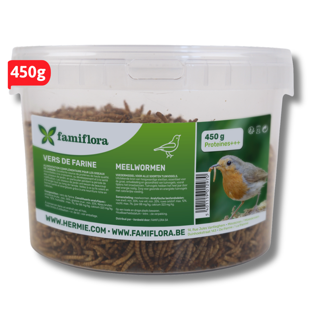 Famiflora gedroogde meelwormen 450 g = ± 2,7L in hersluitbare emmer - voor tuinvogels
