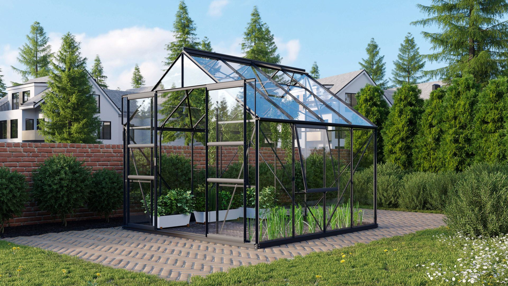 Vitavia Meridian 2 serre 6.7m² avec verre de sécurité - Noir - Avec double porte coulissante (L120 cm) et fondation