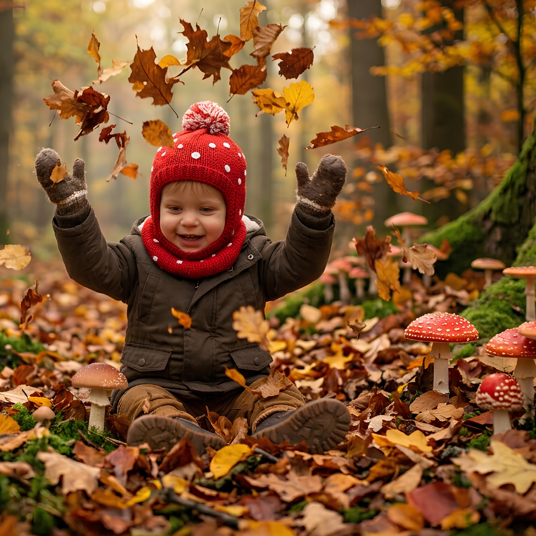kindje gooit met blaadjes in het herfstbos