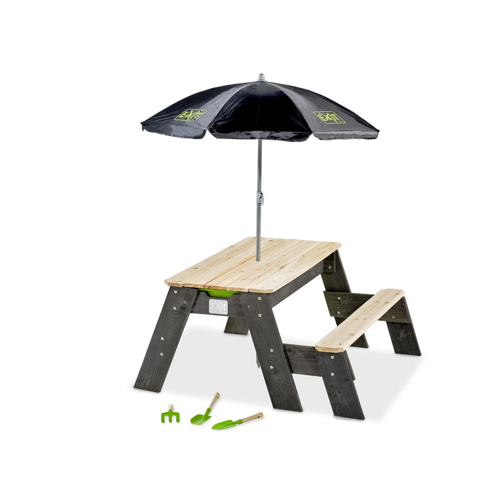 EXIT-Aksent-zand-water-en-picknicktafel-1-bankje-met-parasol-en-tuingereedschap
