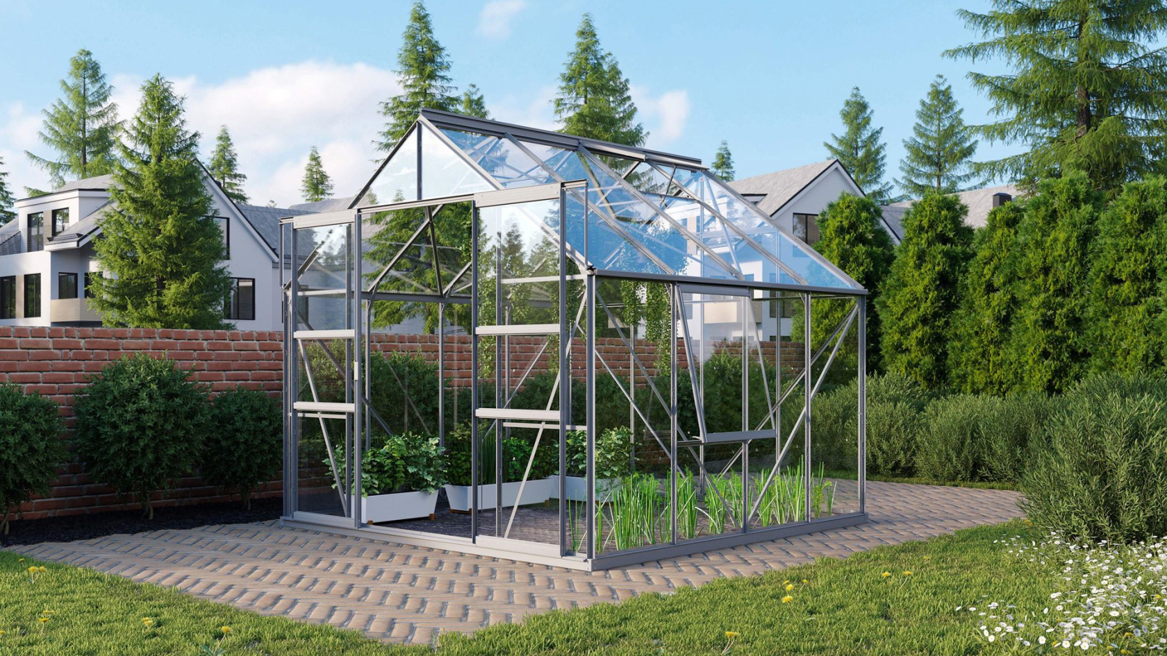 Vitavia Meridian 2 serre 6,7m² avec verre de sécurité - Aluminium - Avec double porte coulissante (L120 cm) et fondation