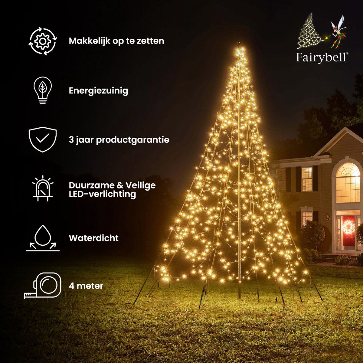 Fairybell vlaggenmast kerstboom - 400 cm - 640 warm witte ledlampjes - inclusief vlaggenmast