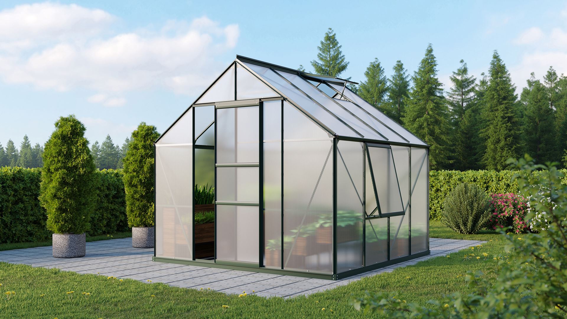 Meridian-1-6700-HKP4mm-donkergroen-Polycarbonaat-serre-Vrijstaand-B254-4-x-L254-4-x-H231-8-cm