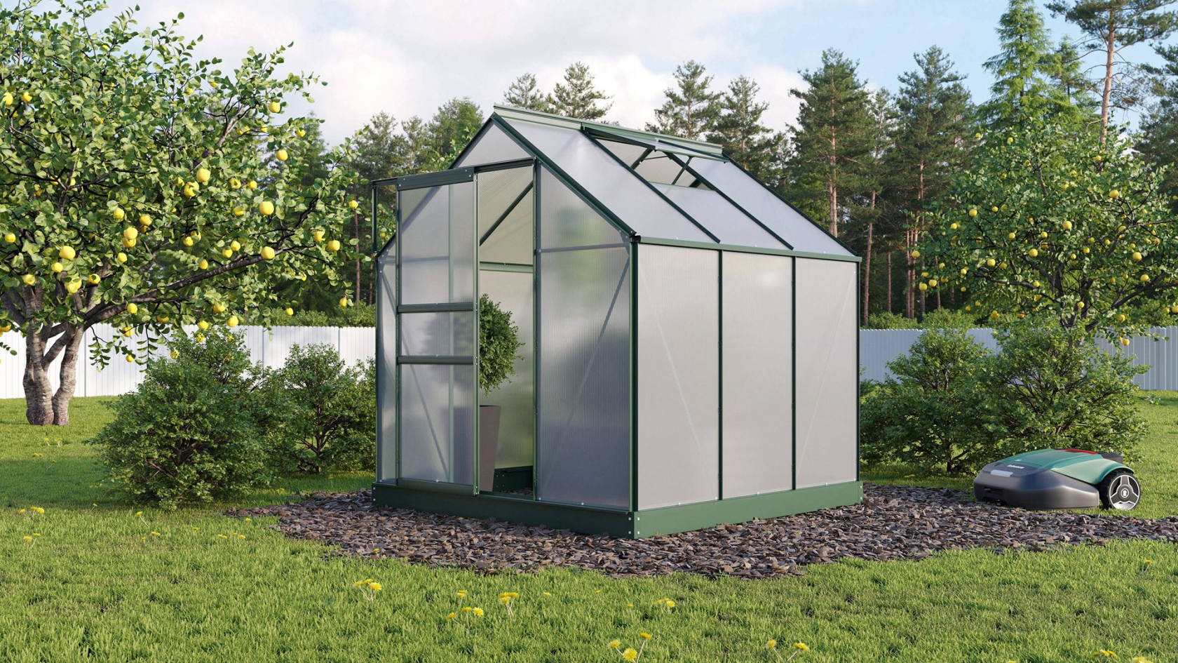 Serre Vitavia Planet 3.8m² avec polycarbonate 6 mm - Vert foncé - Avec porte coulissante simple (B61 cm) et fondation