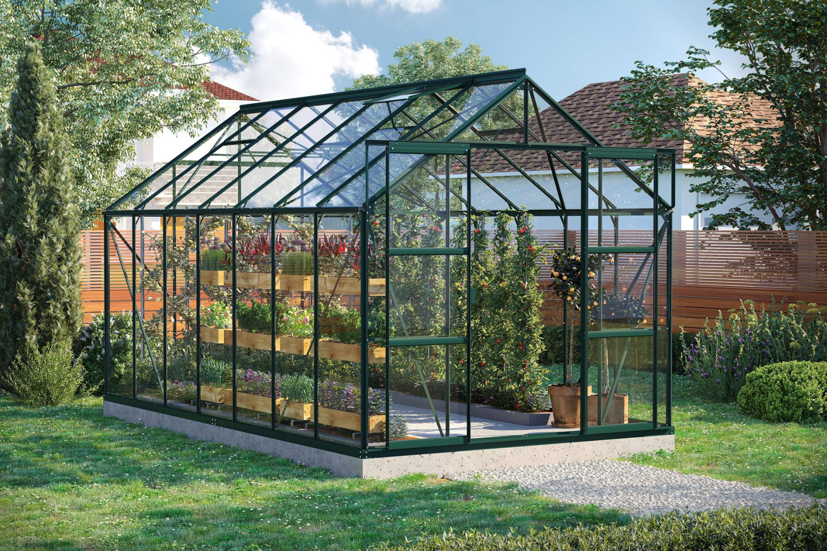 Serre Vitavia Uranus 11.5m² avec verre de sécurité - Vert foncé - Avec double porte coulissante (B120 cm) et fondation