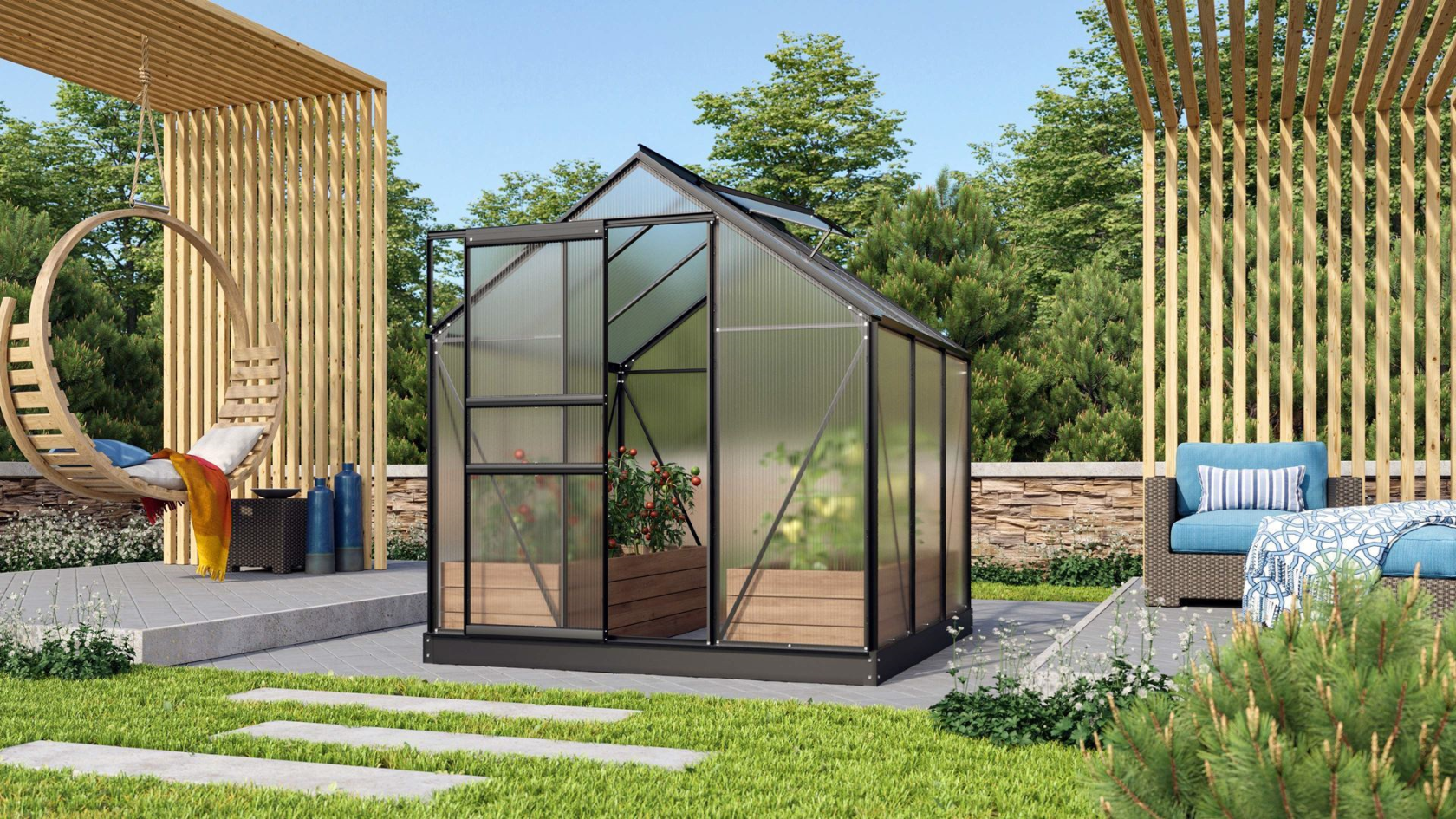 Serre Vitavia Venus 3.8m² avec polycarbonate 4mm - Noir - Avec porte coulissante simple (B61 cm) et fondation