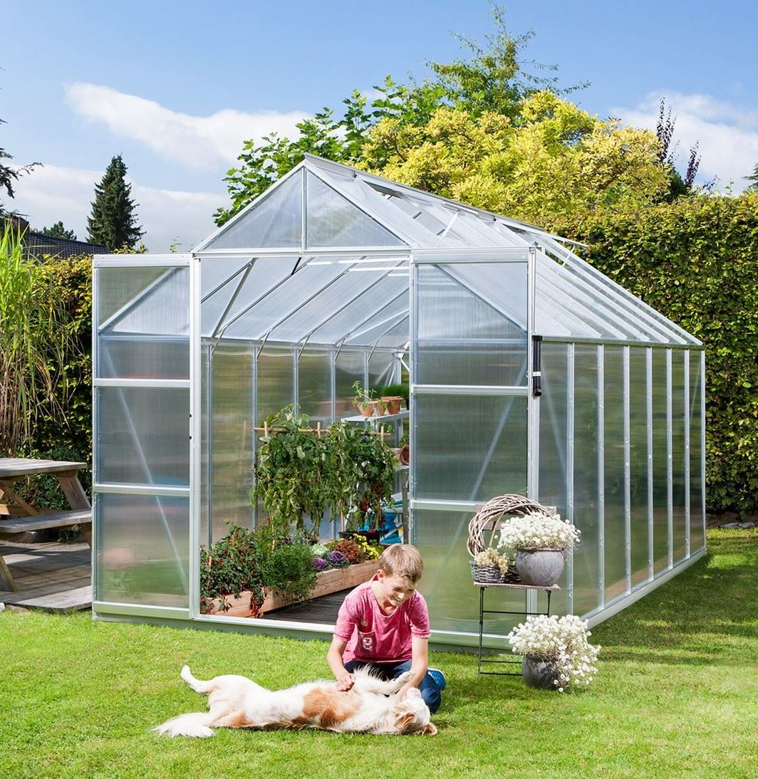 Serre Vitavia Uranus 11.5m² avec polycarbonate 4 mm - Aluminium - Avec double porte coulissante (L120 cm) et fondation