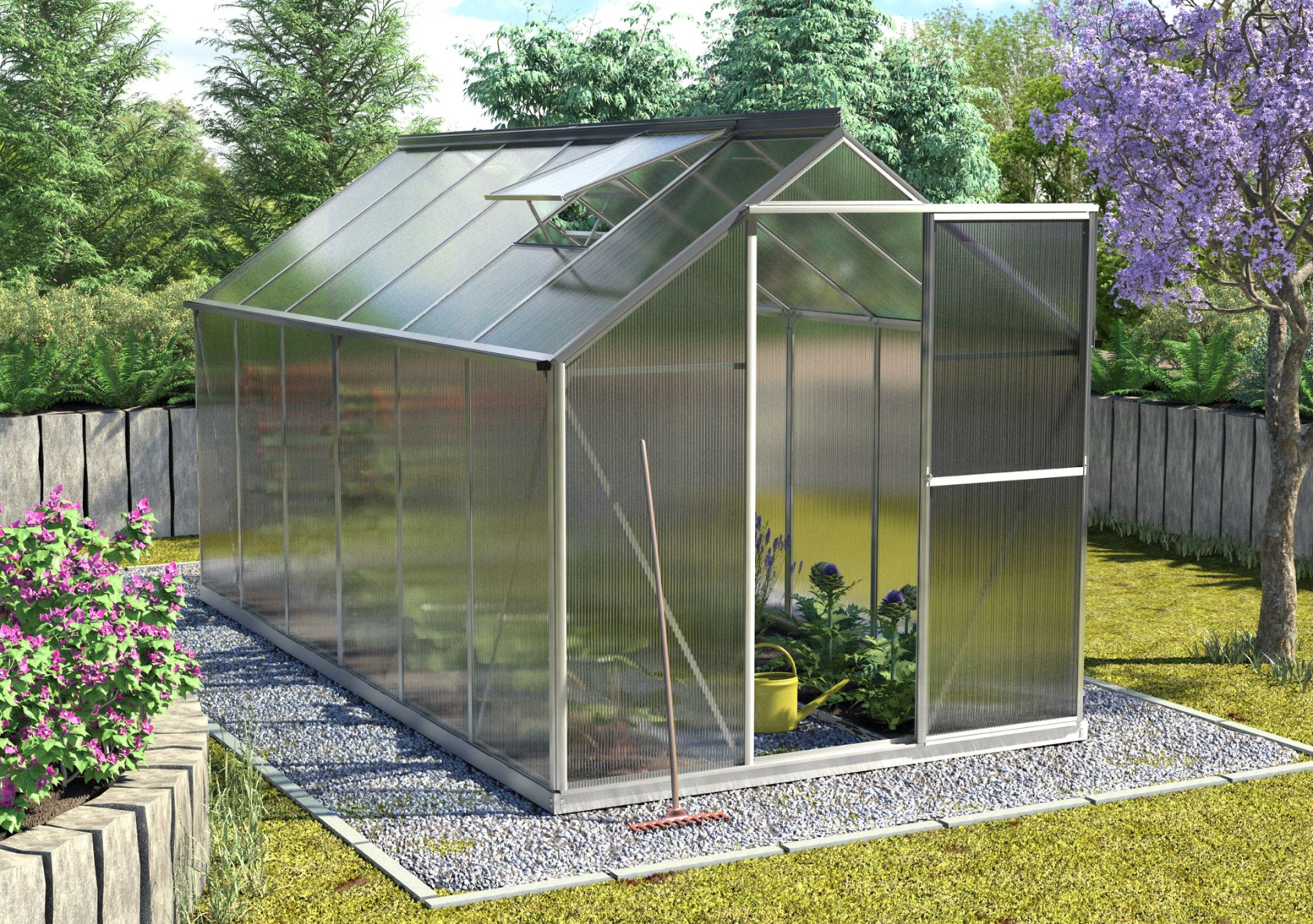 Serre Vitavia Triton 7,5m² avec polycarbonate 6 mm - Aluminium - Avec porte flexible (porte à la française ou porte coulissante) et fondation