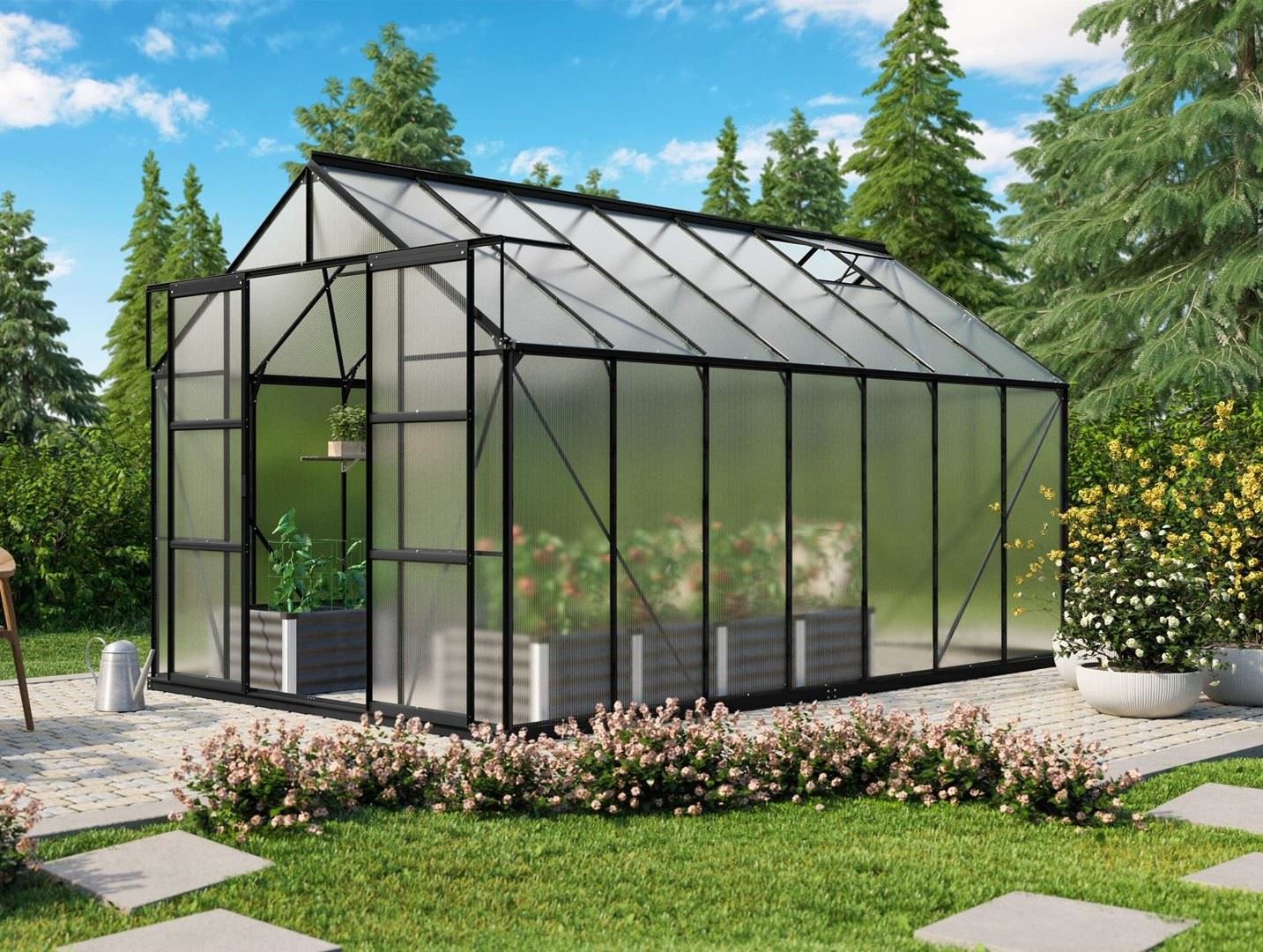 Vitavia Uranus greenhouse 11.5m² with 6 mm polycarbonate - Black - With double sliding door (W120 cm) and foundation