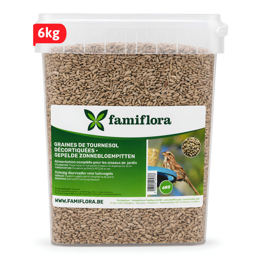 Famiflora Gepelde Zonnebloempitten - 6kg Emmer - Premium Voer - Schoon voeren - Voeding voor tuinvogels - Wintervoer