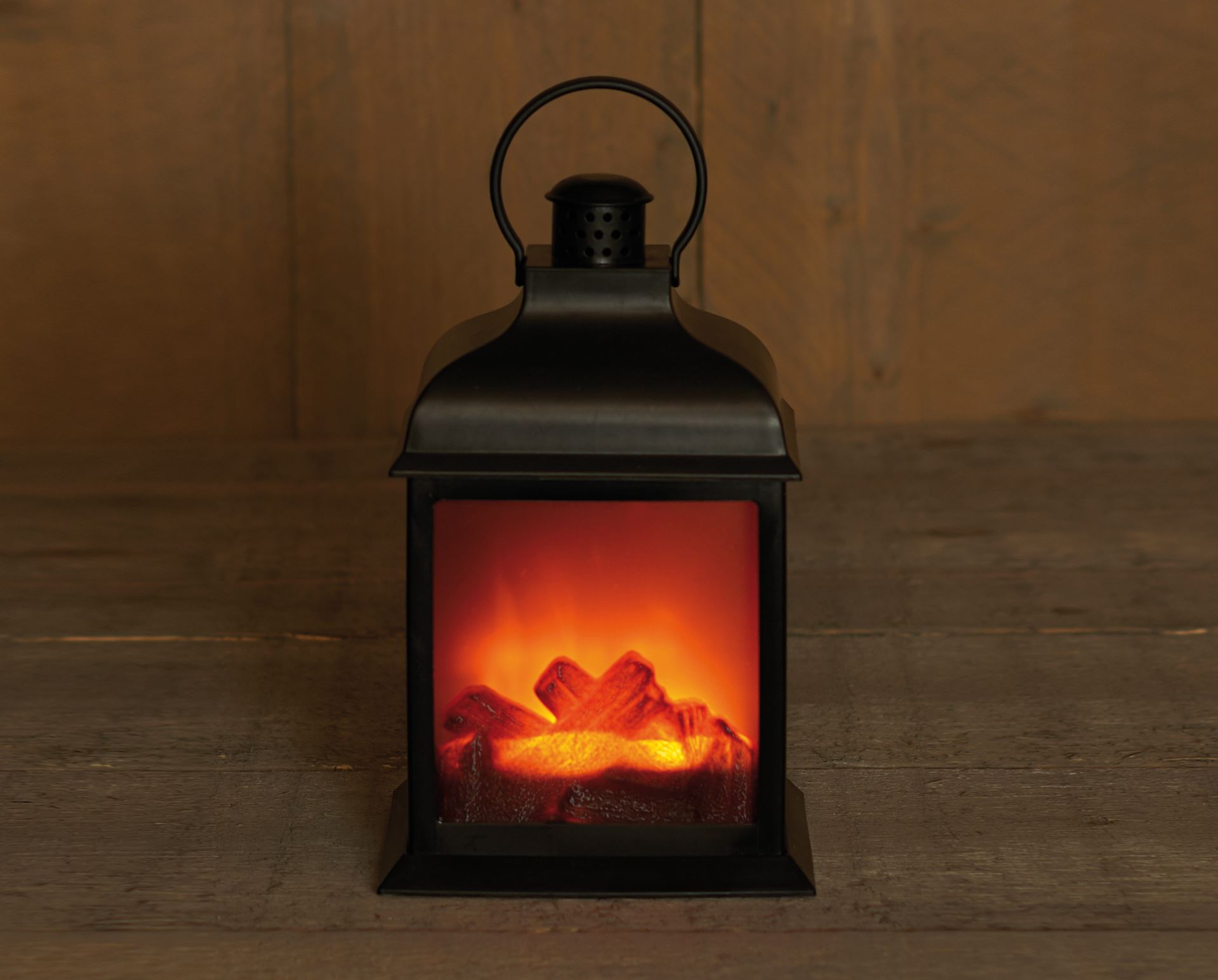 Lantaarn met haard - zwart - L15 x B12 x H23,5 cm - ledverlichting met vlameffect - met timer - werkt op batterijen