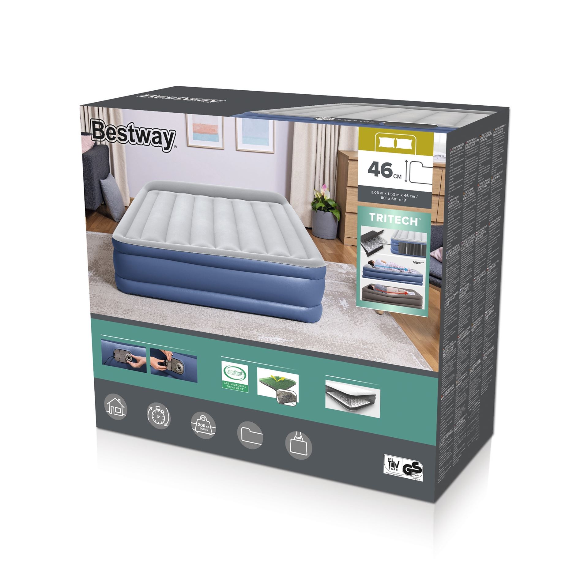 Bestway airbed 'Tritech Queen' - 203x152x46 cm - with side, built-in pump, deflating valve and pillow - blue/gray Bestway-2-03m-x-1-52m-x-46cm-Tritech-Air-Mattress-Queen-Built-in-AC-Pump