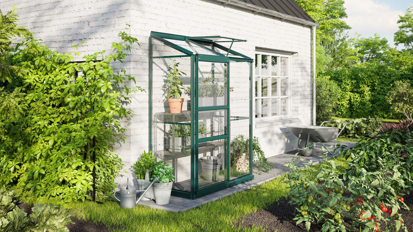 Vitavia Ida wall greenhouse 0.9m² with safety glass - Dark green - With single sliding door (B61 cm) and foundation