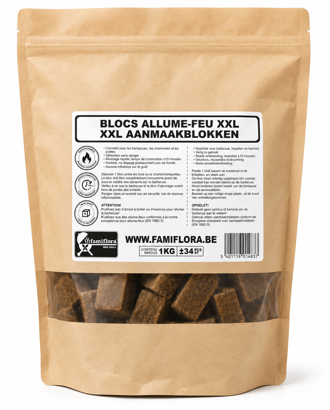 Famiflora Cubes d'éclairage Brun XXL 1 kg (34 pcs) - Extra large - Flamme longue durée