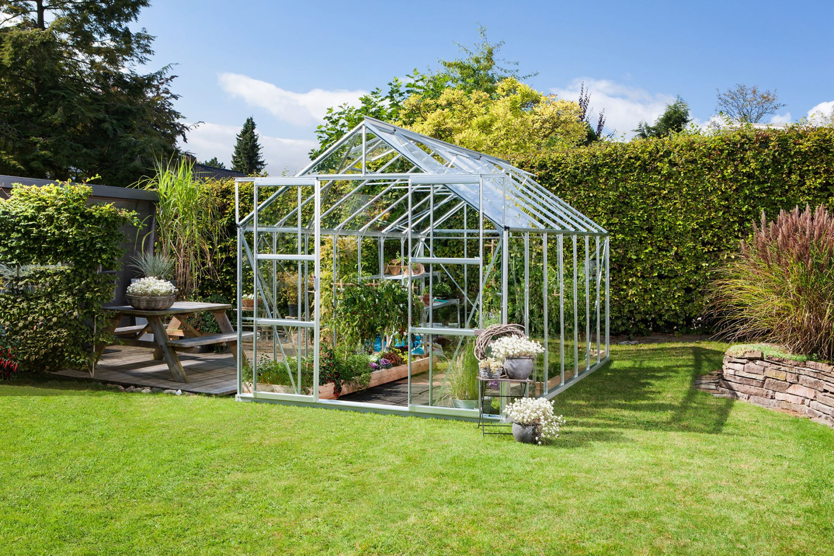Serre Vitavia Uranus 11.5m² avec verre de sécurité - Aluminium - Avec double porte coulissante (L120 cm) et fondation